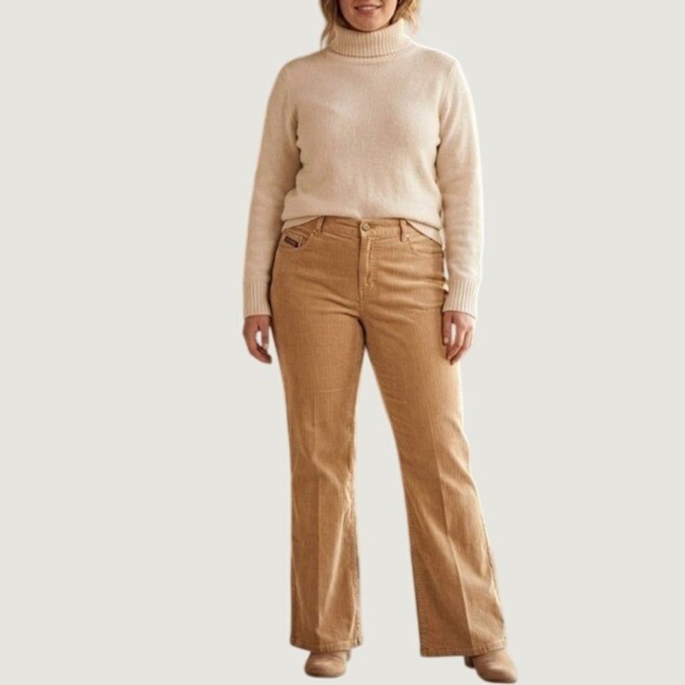 Vintage Liz Claiborne Tan Corduroy Flare Leg Pants Womens 12 Petite Boho Retro